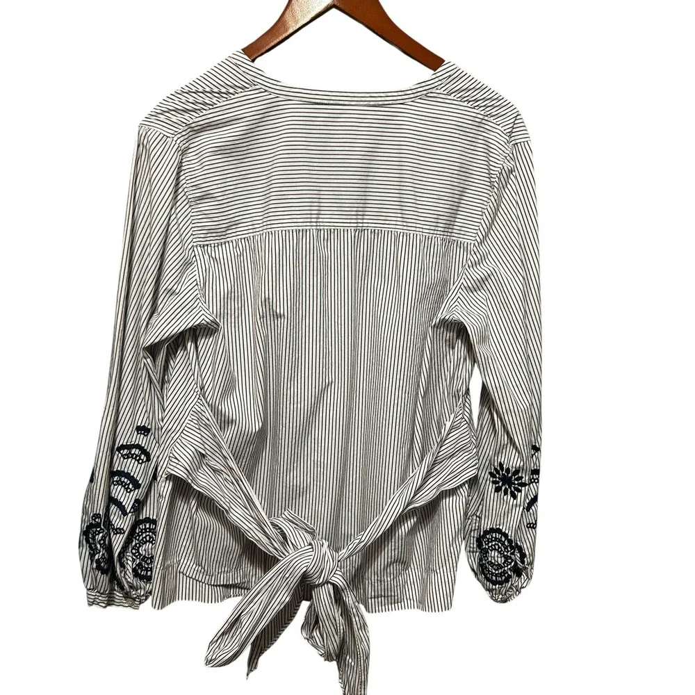 J Crew Womens‎ Peasant Boho Cottage Top L Stripe Embroidered Tie Back Parisian